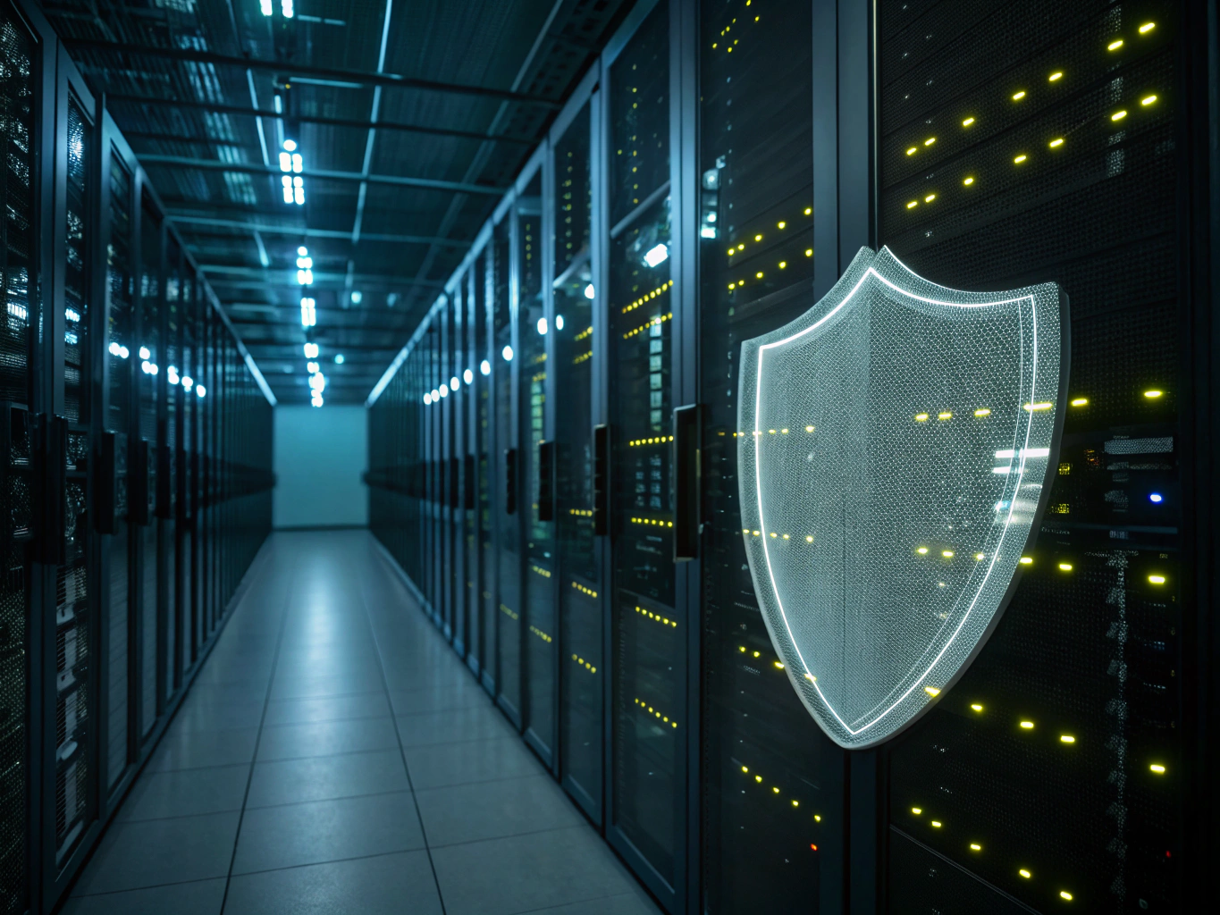 Digital security shield icon over server infrastructure